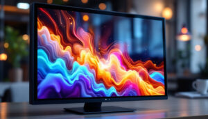 A photograph of a sleek touch screen smart monitor displaying vibrant visuals