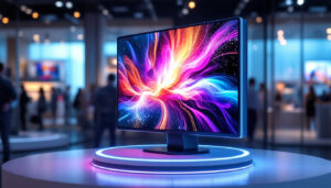 A photograph of capture a photograph of a sleek led rotating display stand showcasing vibrant