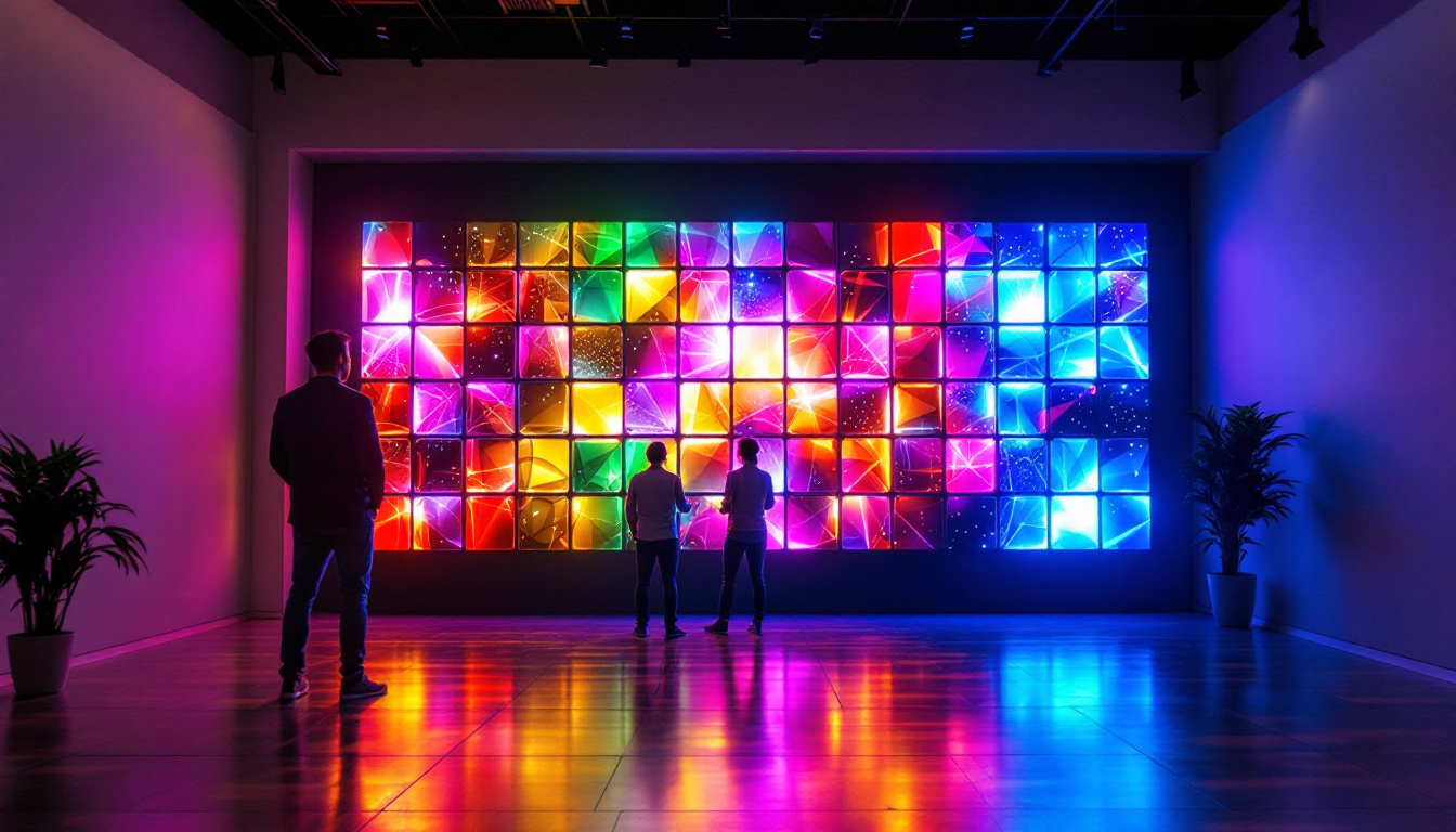 A photograph of a vibrant wall cube installation showcasing a dynamic led display