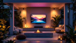 A photograph of a stylish outdoor living space featuring a mounted led tv on a ceiling