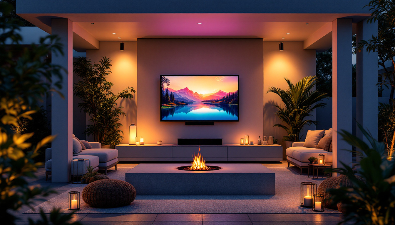A photograph of a stylish outdoor living space featuring a mounted led tv on a ceiling