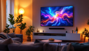 A photograph of a modern living room setup featuring a tv projector screen displaying vibrant led visuals