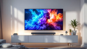 A photograph of capture a photograph of a sleek dual-sided led tv displaying vibrant
