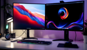 A photograph of a dual-monitor setup showcasing two distinct desktop backgrounds