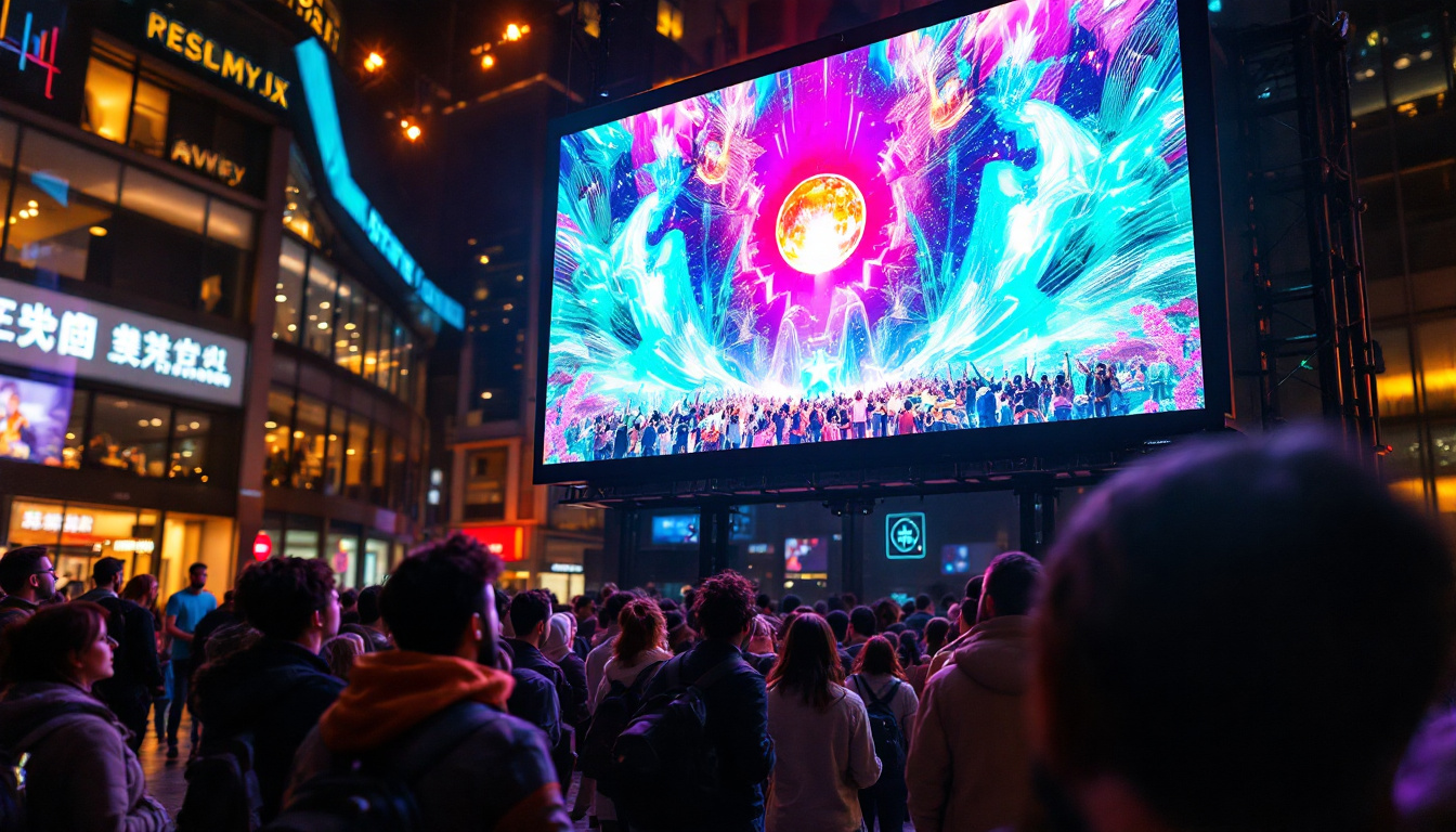 A photograph of a vibrant led display showcasing a dynamic video resolution change