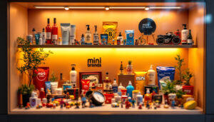 A photograph of a beautifully arranged mini brands display case featuring various miniature products