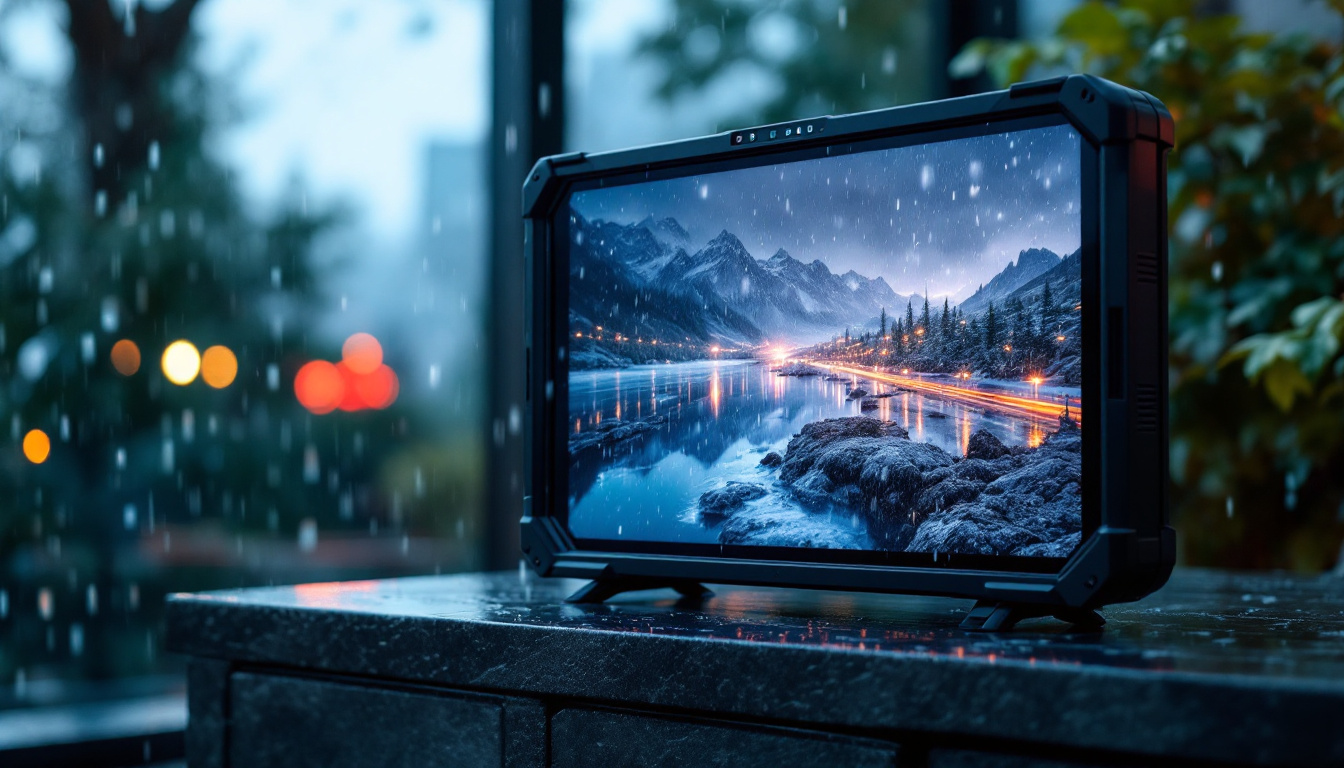A photograph of a weatherproof tv case with an led display