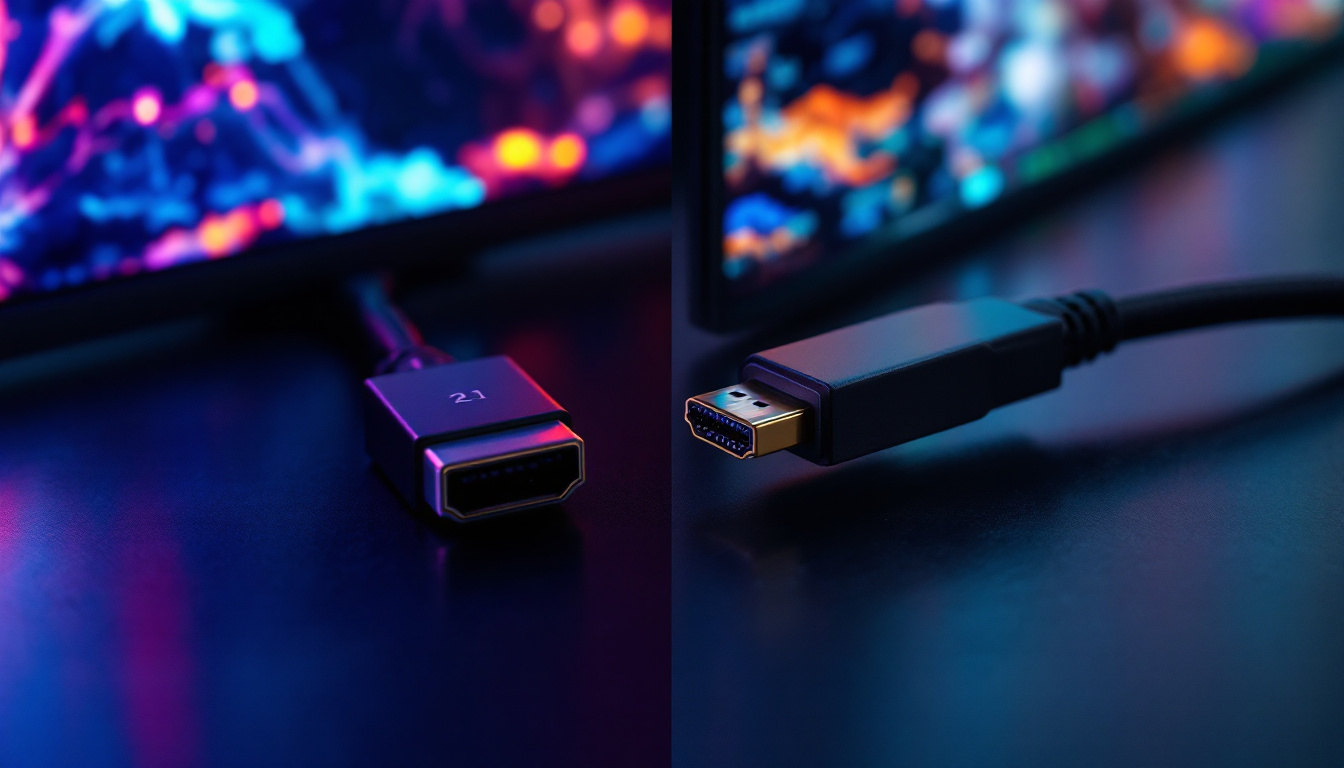 A photograph of a side-by-side comparison of a displayport 2.1 and an hdmi 2.1 cable connected to a high-resolution led display