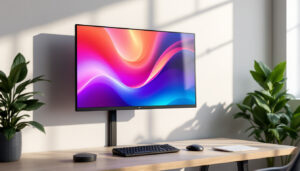 A photograph of a sleek 32-inch led monitor mounted on a wall in a modern workspace