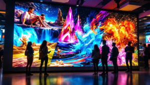 A photograph of a vibrant and engaging product display wall featuring a high-resolution led screen showcasing colorful images and dynamic content