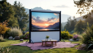 A photograph of a portable privacy screen set up outdoors