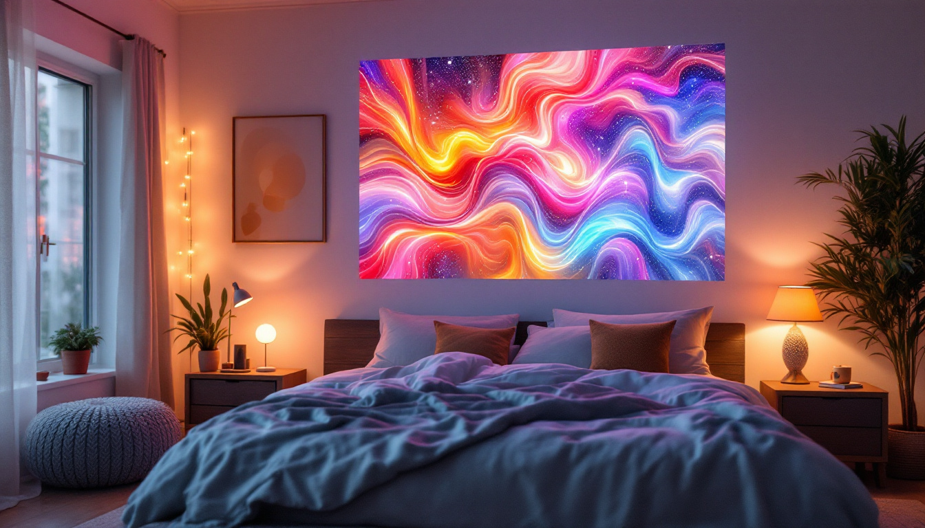 A photograph of a cozy bedroom setting featuring a wall projector displaying vibrant led visuals