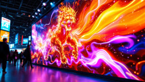 A photograph of a vibrant led display showcasing dynamic graphics and text