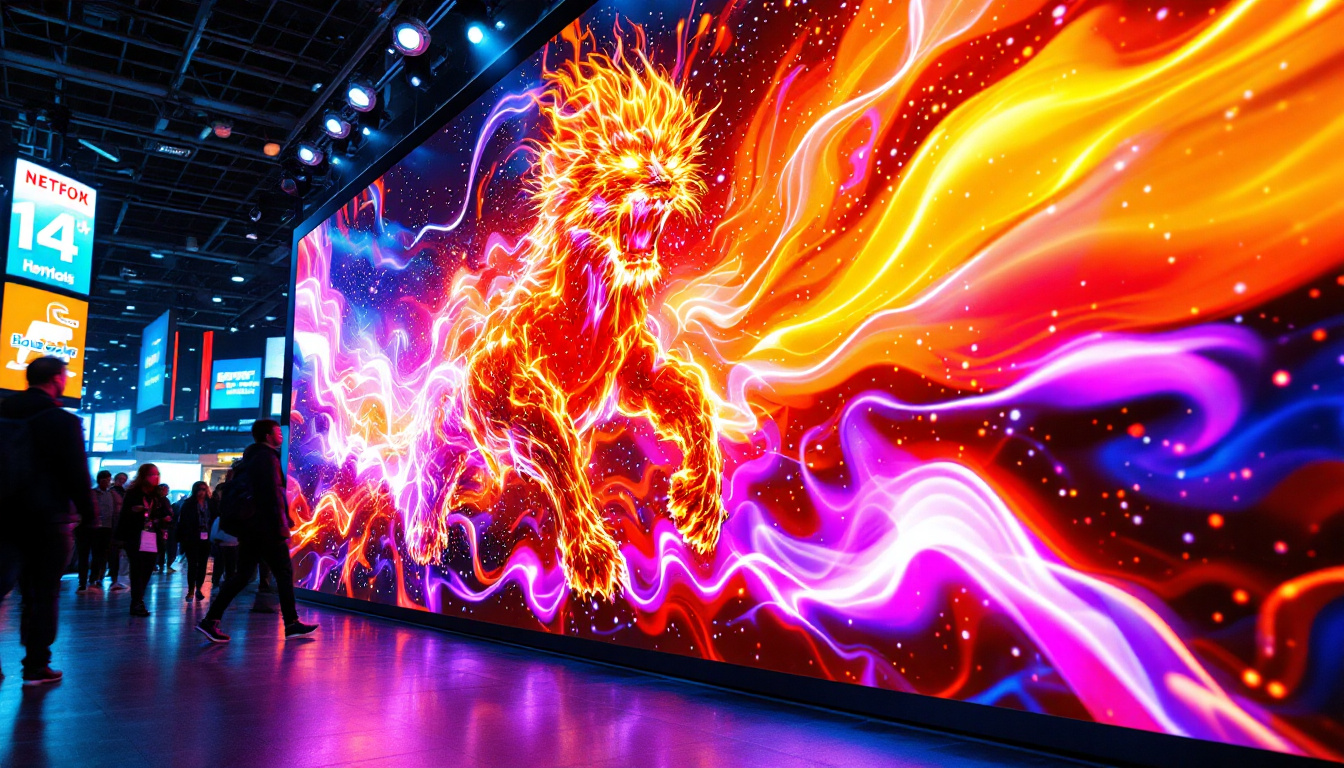 A photograph of a vibrant led display showcasing dynamic graphics and text