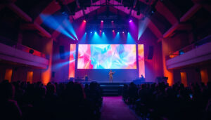 A photograph of a vibrant church interior showcasing a large led display in action