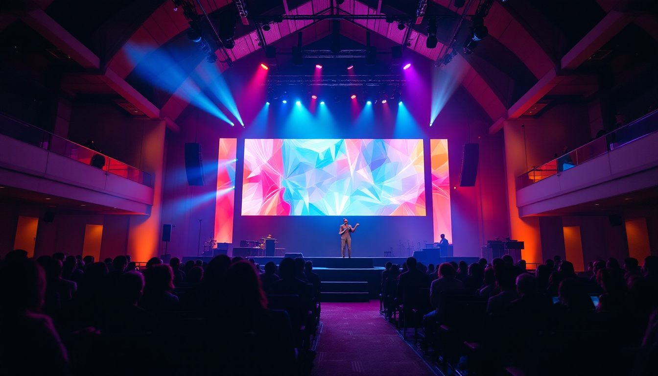A photograph of a vibrant church interior showcasing a large led display in action
