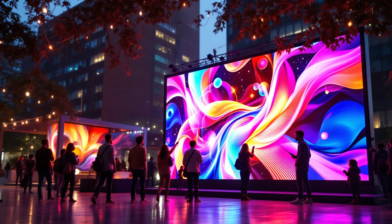 A photograph of a vibrant outdoor setting featuring a large led monitor displaying dynamic visuals