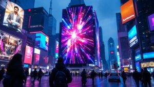A photograph of a vibrant led display in a bustling urban environment