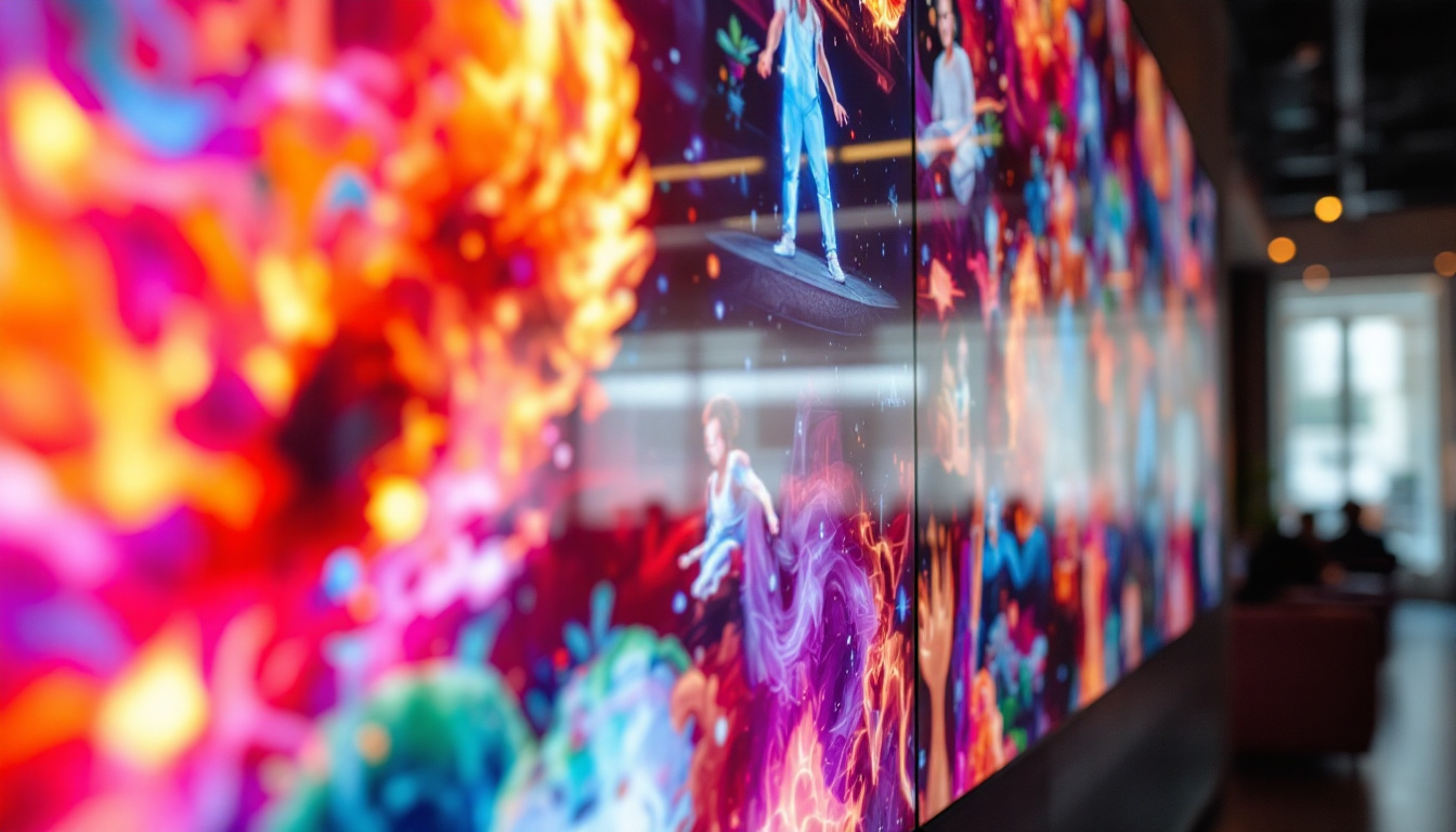 A photograph of a vibrant and dynamic video wall displaying various high-resolution led visuals in an engaging environment