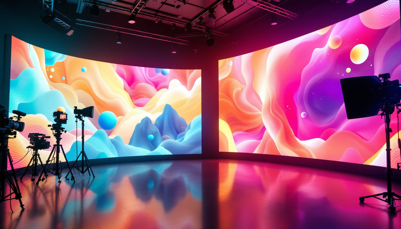 A photograph of a vibrant virtual production studio featuring a large led wall in action