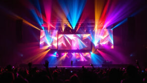 A photograph of a vibrant led stage screen in action during a live performance