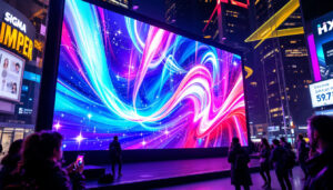 A photograph of a vibrant led display screen in a dynamic urban setting