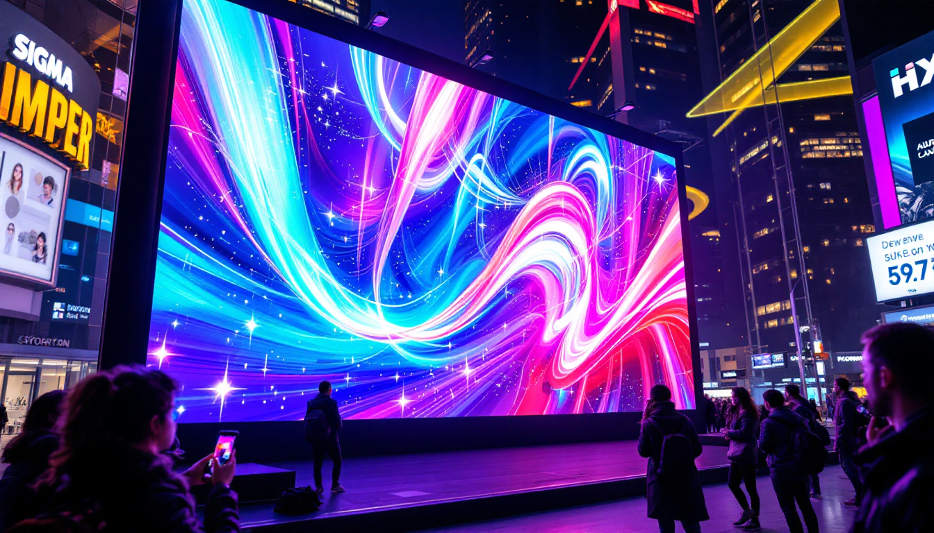 A photograph of a vibrant led display screen in a dynamic urban setting