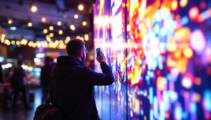 A photograph of a vibrant indoor led display screen in action