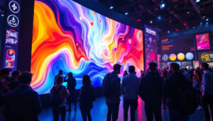 A photograph of a vibrant trade show scene featuring a large led display showcasing dynamic graphics and engaging content