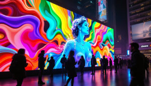 A photograph of a vibrant led display in an urban setting