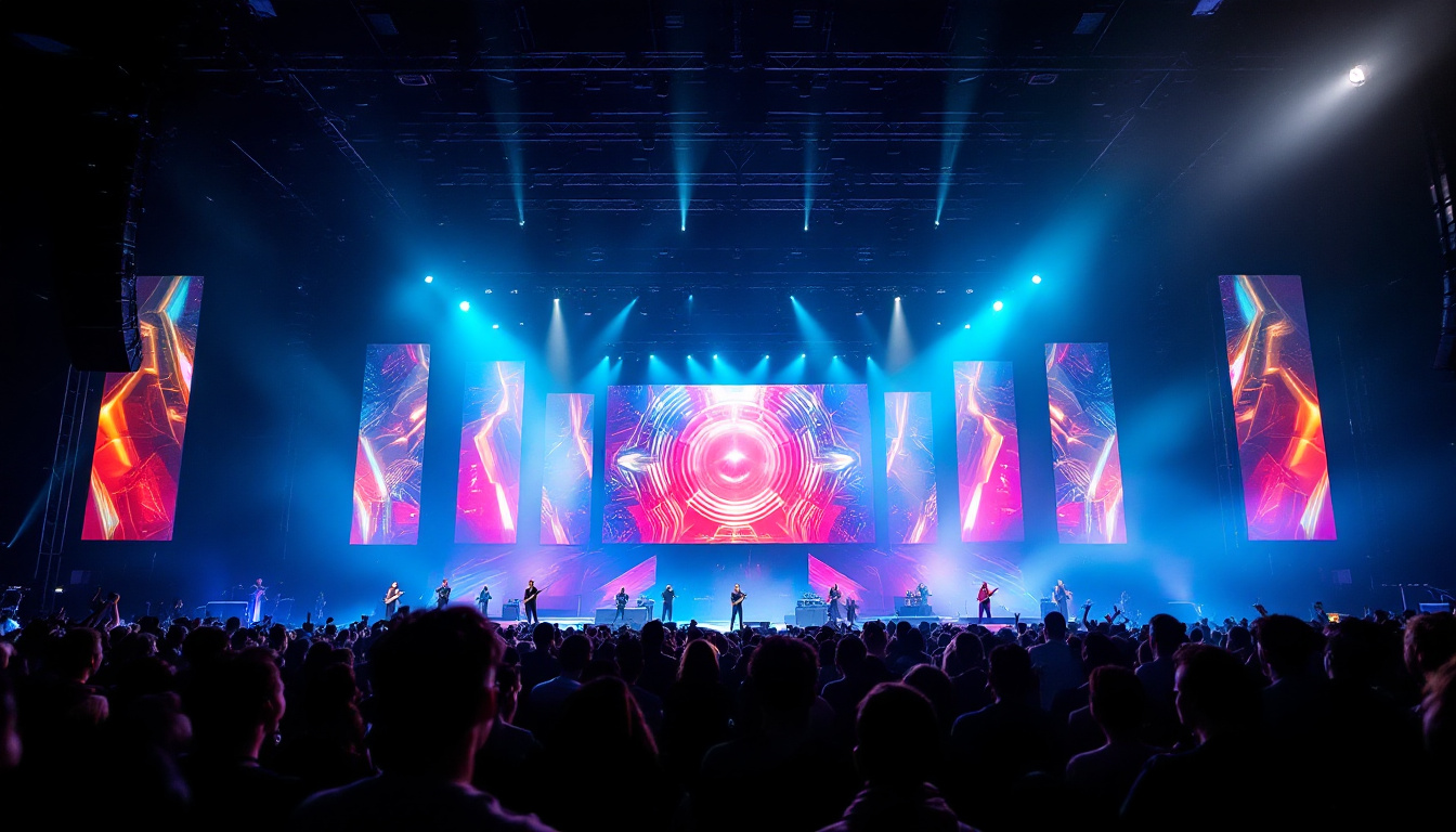 A photograph of a vibrant stage setup featuring a large led display in action