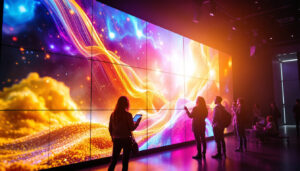 A photograph of a vibrant led video wall installation in a modern setting