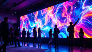 A photograph of a vibrant and dynamic large led video wall in an engaging setting