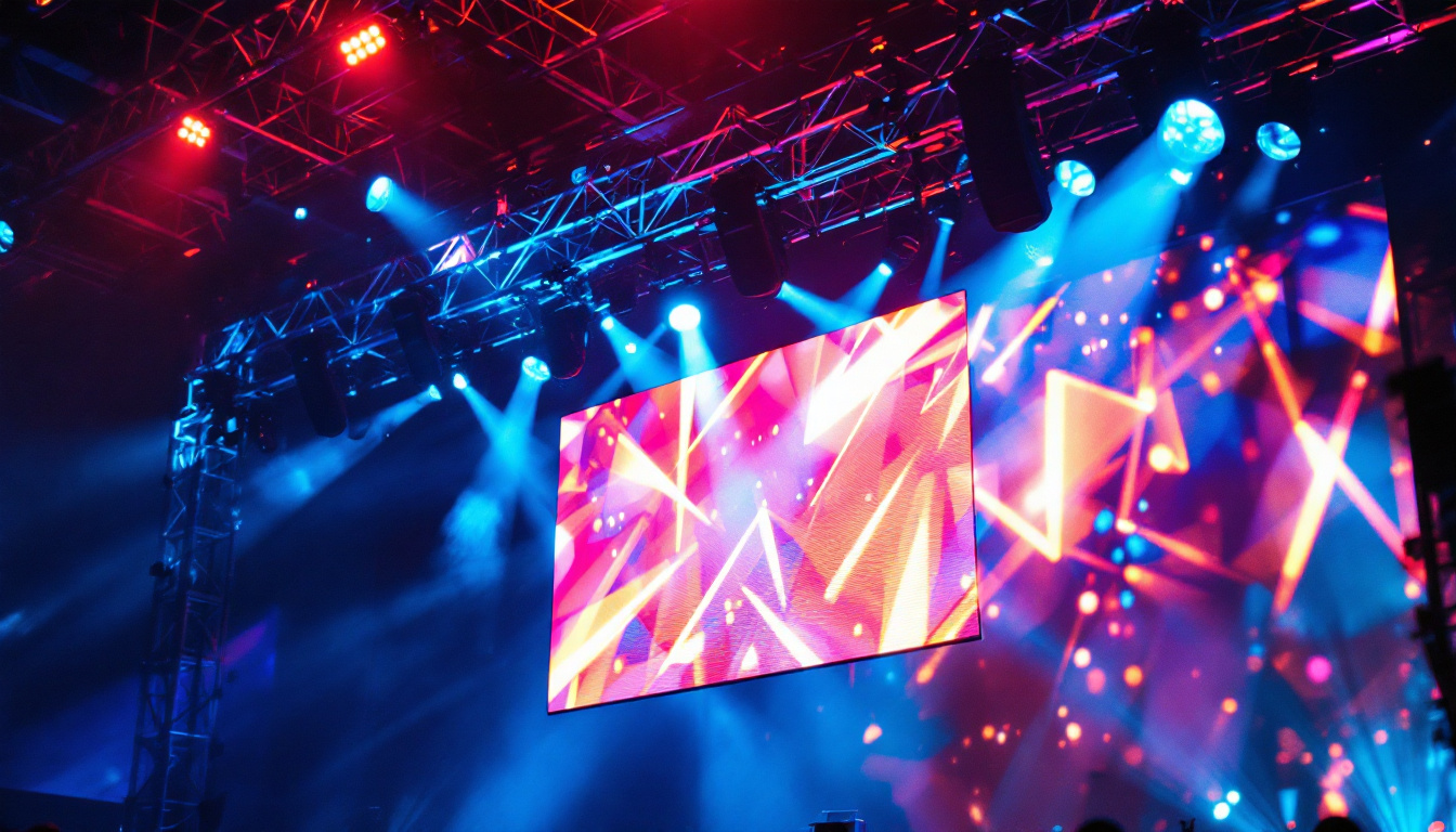 A photograph of a well-lit crank stand truss system showcasing an led display in use at an event