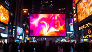 A photograph of a vibrant led display board in a bustling urban environment