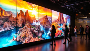 A photograph of a vibrant video wall displaying various high-resolution images