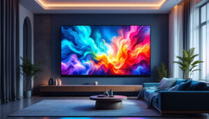 A photograph of a modern living room featuring a large led wall display in action