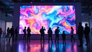 A photograph of a vibrant led display panel in an indoor setting
