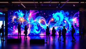 A photograph of a vibrant led wall installation in a dynamic setting