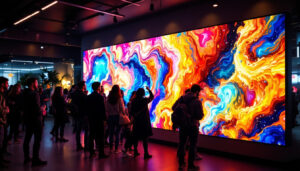 A photograph of a vibrant led video wall in a modern setting