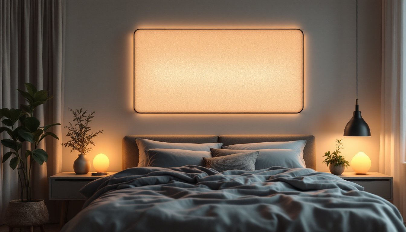 A photograph of a cozy bedroom featuring a sleek led wall panel that emits soft