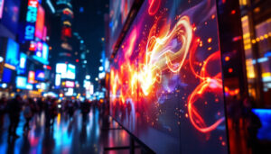 A photograph of a vibrant led display showcasing dynamic visuals