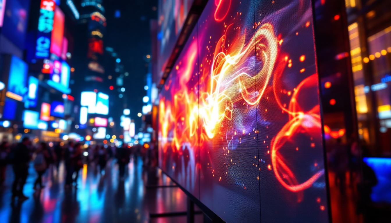 A photograph of a vibrant led display showcasing dynamic visuals