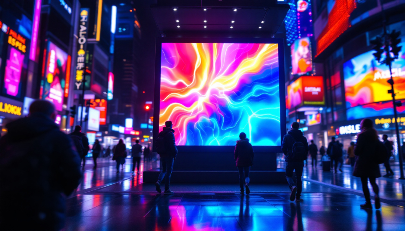 A photograph of a vibrant led display screen in a dynamic urban environment