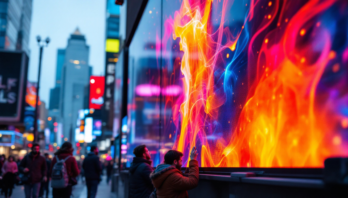 A photograph of capture a photograph of a vibrant led display screen in a dynamic urban setting