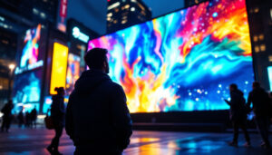 A photograph of a vibrant led display in an urban setting at night