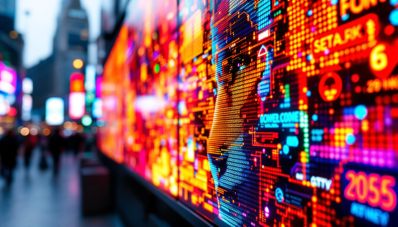 A photograph of a vibrant led display showcasing dynamic visuals or advertisements in a bustling urban setting