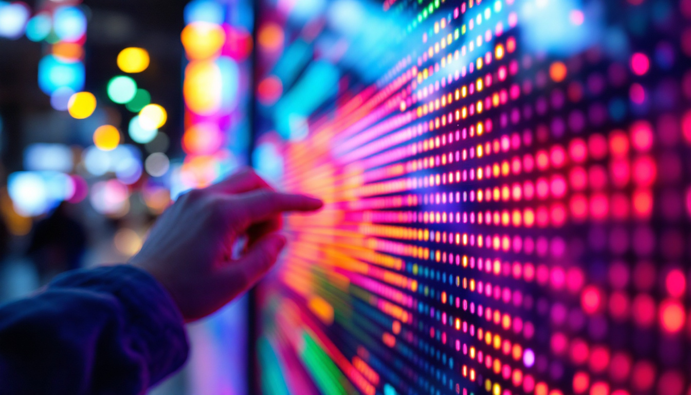 A photograph of a close-up shot of a vibrant led display in action