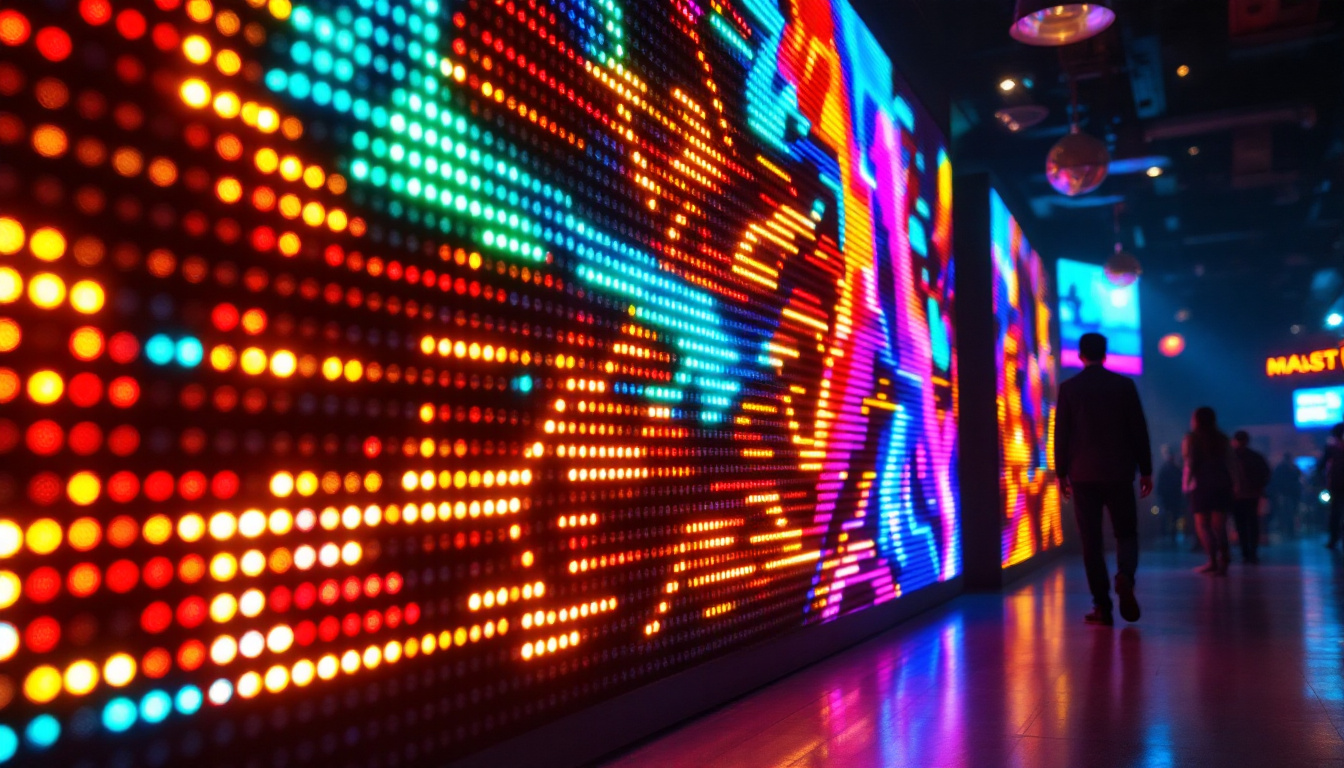 A photograph of a vibrant led wall display in a dynamic setting