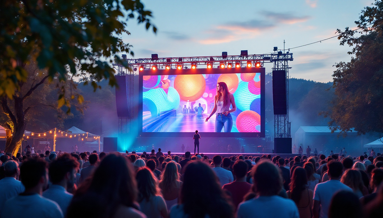 A photograph of capture a photograph of a vibrant outdoor event featuring a large rental led screen displaying dynamic visuals